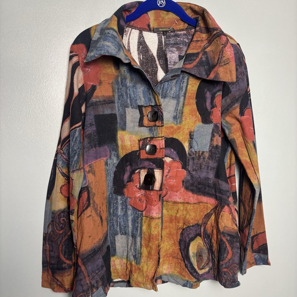 Radzoli Womens Wearable Art Patchwork Shirt Blazer Button EDM Festival Cotton